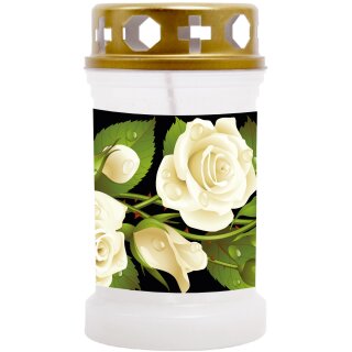 Grabkerze Weiß 40h (Deckel Gold) - Rose