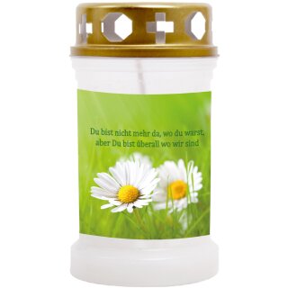 Grabkerze Weiß 40h (Deckel Gold) - Gänseblümchen