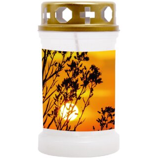 Grabkerze Weiß 40h (Deckel Gold) - Sonnenuntergang