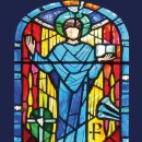 Grabkerze Rot 100h (Deckel Gold) - Fenster Blau