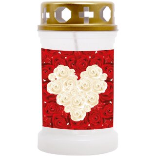 Grabkerze Weiß 40h (Deckel Gold) - Rose Herz