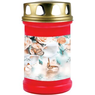 Grabkerze Rot 48h (Deckel Gold) - Schmetterling