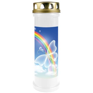 Grabkerze Weiß 100h (Deckel Gold) - Regenbogen 2