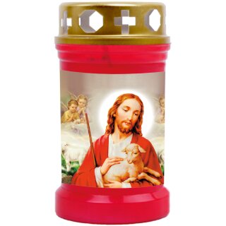 Grabkerze Rot 40h (Deckel Gold) - Jesus mit Lamm