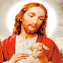 Grabkerze Rot 40h (Deckel Gold) - Jesus mit Lamm