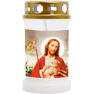 Grabkerze Weiß 40h (Deckel Gold) - Jesus mit Lamm