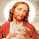 Grabkerze Weiß 40h (Deckel Gold) - Jesus mit Lamm