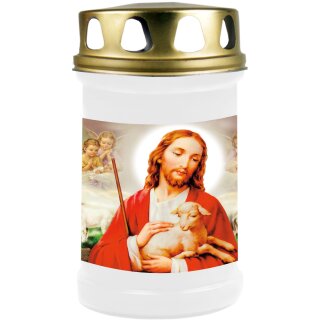 Grabkerze mit Portrait Motiv 48h Jesus mit Lamm