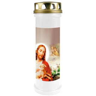 Grabkerze Weiß 100h (Deckel Gold) - Jesus mit Lamm