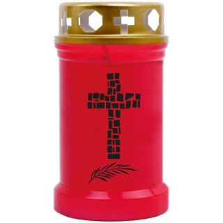 Grabkerze Rot 40h (Deckel Gold) - Kreuz