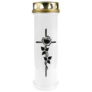 Grabkerze Weiß 100h (Deckel Gold) - Rose Kreuz