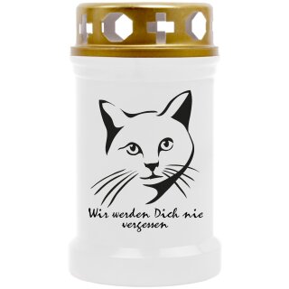 Grabkerze Weiß 40h (Deckel Gold) - Katze 3