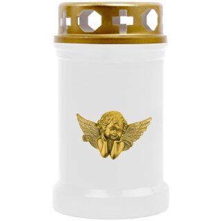 Grabkerze Weiß 40h (Deckel und Druck Gold) - Engel