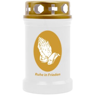 Grabkerze Weiß 40h (Deckel und Druck Gold) - Hände