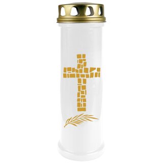 Grabkerze Weiß 100h (Deckel und Druck Gold) - Kreuz