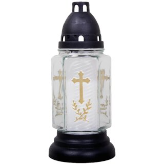 Grablaterne aus Glas mit Kreuz inkl. Kerze Buena weiß