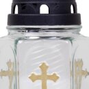 Grablaterne aus Glas mit Kreuz inkl. Kerze Buena weiß