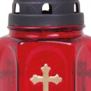 Grablaterne aus Glas mit Kreuz inkl. Kerze Buena rot