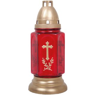 Grablaterne aus Glas mit Kreuz inkl. Kerze Bella rot