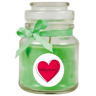 Duftkerze Bonbon-Glas im Design: Herzen, Kokos ( Grün ) - 120g