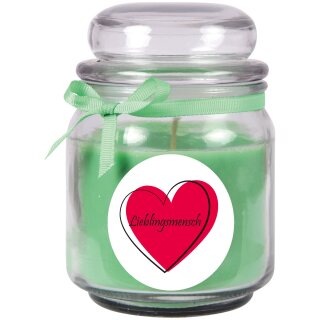 Duftkerze Bonbon-Glas im Design: Herzen, Kokos (Grün) - 300g