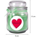 Duftkerze Bonbon-Glas im Design: Herzen, Kokos (Grün) - 300g