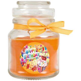 Duftkerze Bonbon-Glas im Design: Geburtstag, Honigmelone (Orange) - 120g