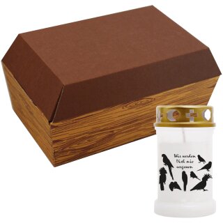 Tiersarg aus 100% Wellpappe Holzdesign Größe S inkl. 40h Grabkerze Vogel Motiv