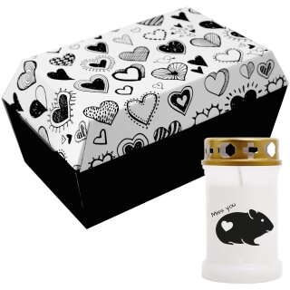 Tiersarg aus 100% Wellpappe Herzdesign Größe S inkl. 40h Grabkerze Hamster Motiv