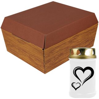 Tiersarg aus 100% Wellpappe Holzdesign Größe M inkl. 48h Grabkerze Herz Motiv