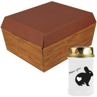 Tiersarg aus 100% Wellpappe Holzdesign Größe M inkl. 48h Grabkerze Kaninchen Motiv