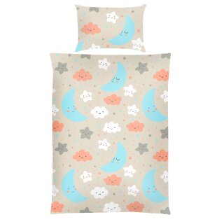 Kinderbettwäsche 2-teilig Baumwolle 100x135/40x60cm Mond Sterne Wolken