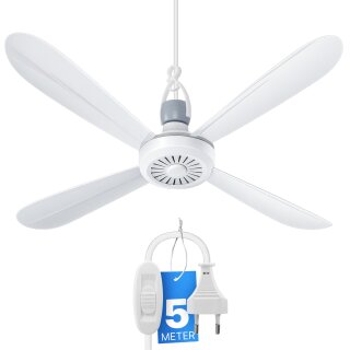 Mobiler Deckenventilator Ø40cm Weiß – 230V, 5W, leise, mit 5m Anschlusskabel & Aufhänger