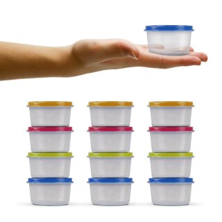 Vorratsdosen Kunststoff 50ml, mit farbigen Deckel, 6cm x 3,5cm, 4 Farben - 12er Pack (12 Stück)